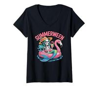 Donna Summerween Sirena Scheletro Flamingo Halloween Estate Maglietta con Collo a V