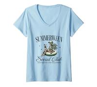 Donna Summerween Social Club Halloween in Summer Pool Skeleton Maglietta con Collo a V