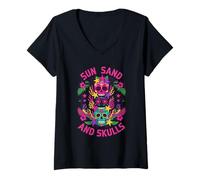 Donna Summerween Sun Sand Skulls Beach Tropical Maglietta con Collo a V