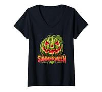 Donna Summerween Watermelon Halloween Jack O Lantern Spooky Summer Maglietta con Collo a V