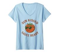 Donna Sun Kissed Sauce Ready Funny Tomato Occhiali da sole Maglietta con Collo a V
