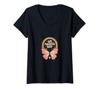 Donna Sun, Powered Body Butterfly Retro 70s Rainbow Maglietta con Collo a V