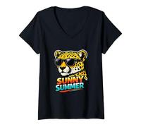 Donna Sunny Summer Cheetah con Occhiali da Sole Grafica Maglietta con Collo a V