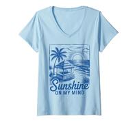 Donna Sunset Beach Bar Palma "Sunshine on My Mind" Retro Surf Maglietta con Collo a V
