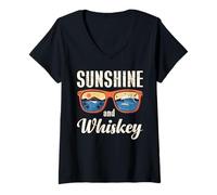Donna Sunshine And Whisky Vintage Retro Funny Beach Summer Design Maglietta con Collo a V