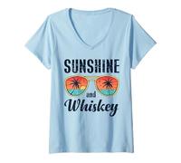 Donna Sunshine And Whisky Vintage Retro Funny Beach Summer Design Maglietta con Collo a V