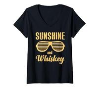 Donna Sunshine And Whisky Vintage Retro Funny Beach Summer Design Maglietta con Collo a V