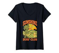 Donna Sunshine Surf Club Retro Onda Tramonto Oceano Maglietta con Collo a V