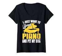 Donna Suono Pianoforte e Accarezzo Il Mio Cane Maglietta con Collo a V