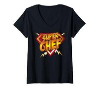 Donna Super Chef Superhero Cuoco Fumetto Stile Foodie Maglietta con Collo a V