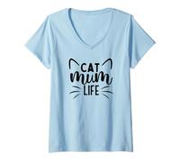 Donna Super Cute Whiskers Cat Mum Life Maglietta con Collo a V