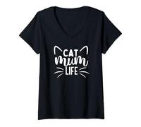 Donna Super Cute Whiskers Cat Mum Life Maglietta con Collo a V