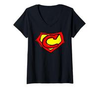 Donna Superhero Letter on Chest C Cute Cartoon Version Maglietta con Collo a V