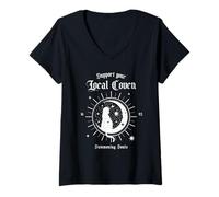 Donna Support Your Local Coven - Witchy Witch Citazione Cat Graphic Maglietta con Collo a V