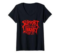 Donna Supporta la Biblioteca Locale Horror Dark Gothic Spooky Halloween Maglietta con Collo a V