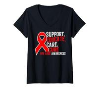 Donna Supporto Educare Cura Cura HIV AIDS Nastro Rosso Infezione da HIV Maglietta con Collo a V