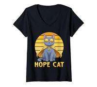 Donna Supporto per Il Cancro Infantile con Nastro Blu Giallo Russo Hope Cat Maglietta con Collo a V