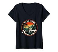 Donna Surf More Surfing Worry Less Design Retro Sunset Surfer Maglietta con Collo a V