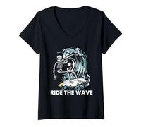Donna Surf Skeleton Ride The Wave Arte Gotica da Spiaggia per surfisti Maglietta con Collo a V