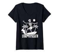 Donna Surfa Fino alla Morte Scheletro su Onda Tropicale Maglietta con Collo a V