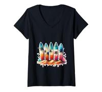 Donna Surfer Beach Summer Retro Hawaiian Ocean Tropics Maglietta con Collo a V