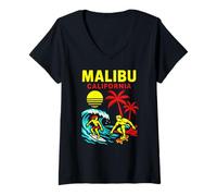 Donna Surfing Malibu California Vintage Uomo Beach Life Maglietta con Collo a V