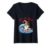 Donna Surf's Up - Gnomo Natalizio con Babbo Natale Maglietta con Collo a V