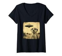 Donna Suricato Ufo Sorpreso Vintage Alien Sci-Fi Incontro Divertente Maglietta con Collo a V