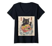 Donna Sushi Anime Giappone Cat Chef Giapponese Onda Amante Maglietta con Collo a V