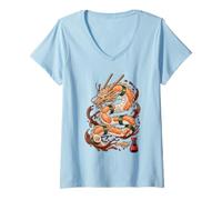 Donna Sushi Roll Drago Serpentino Divertente Kawaii Anime Giapponese Maglietta con Collo a V