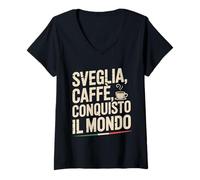 Donna Sveglia Caffè Conquisto Il Mondo Caffè Italiano Design Maglietta con Collo a V