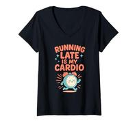 Donna Sveglia Running Late Is My Cardio con Citazione Umoristica Divertente Maglietta con Collo a V