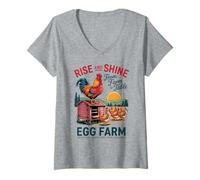 Donna Svegliati con il Gallo - Uova fresche e galline felici - Pollo Maglietta con Collo a V
