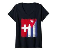 Donna Svizzera Cuba Mezza Bandiera Svizzera Cuban Heritage Maglietta con Collo a V
