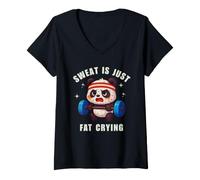 Donna Sweat Is Just Fat Crying Panda Gym Workout Maglietta con Collo a V