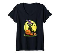 Donna Sweet Cat Halloween Cartoon Black Kater Pumpkin Children Maglietta con Collo a V