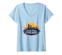 Donna Sweet Home Chicago Skyline Tramonto Music Lover Regalo Maglietta con Collo a V, Celeste, L