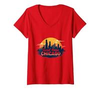 Donna Sweet Home Chicago Skyline Tramonto Music Lover Regalo Maglietta con Collo a V, Rosso, XL