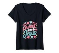 Donna Sweet On Jesus Cristiano Amore Dolcezza Maglietta con Collo a V