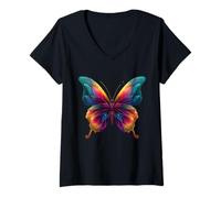 Donna Sweet Rainbow Butterfly Insects Flowers Summer Motif Maglietta con Collo a V