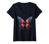 Donna Sweet Rainbow Butterfly Insects Flowers Summer Motif Maglietta con Collo a V