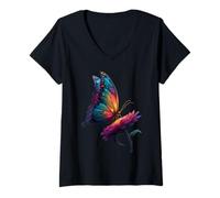 Donna Sweet Rainbow Butterfly Insects Flowers Summer Motif Maglietta con Collo a V