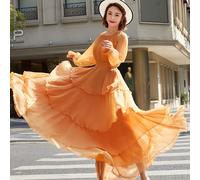 Donna Swing Abito Chiffon a Strati Manica Lunga Principessa Ballo Abito Maxi