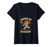 Donna Swing or Scream Funny Skeleton Baseball Halloween Maglietta con Collo a V