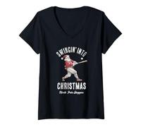Donna Swingin' Into Christmas Baseball Santa Funny Holiday Design Maglietta con Collo a V