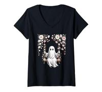 Donna Swinging Carino Kawaii Boo Halloween Cottagecore Maglietta con Collo a V