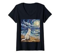 Donna Swiss Shepherd Starry Night White GSD at The Beach Opera d'Arte Maglietta con Collo a V
