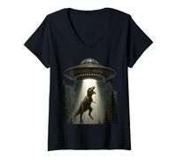 Donna T-Rex Abduction Alien UFO Dinosauro Fantascienza Maglietta con Collo a V