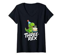 Donna T-Rex Compleanno Tre-Rex Dinosauro Terzo Carino Divertente Maglietta con Collo a V