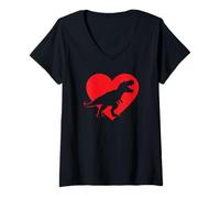 Donna T-Rex Cuore Valentine Dinosaur Lover Bambini Ragazzi Maglietta con Collo a V